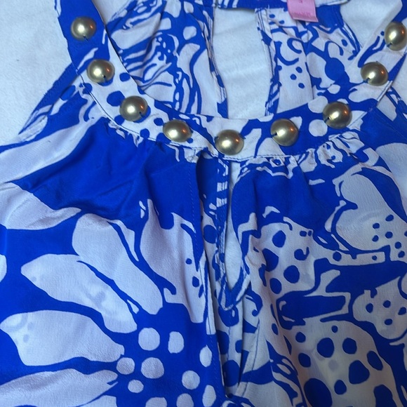 Lilly Pulitzer Size Small Rogan Silk Halter Top Quahog Chowdah Blue White Studs - Picture 4 of 7